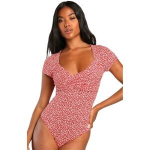 Lulus Sweetest Nature Red Floral Print Short Sleeve Bodysuit Size XL